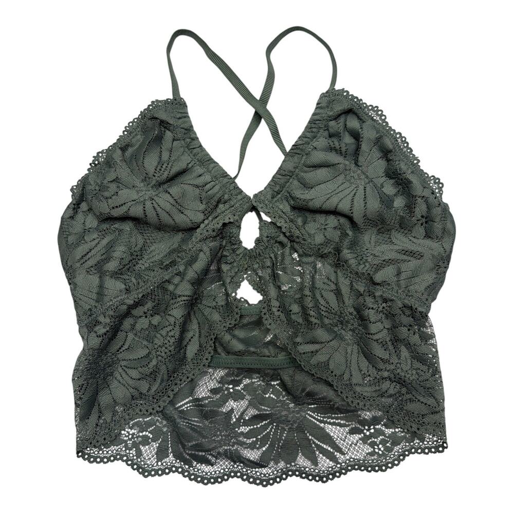 Aerie Green Lace Bralette Womens Size S Keyhole Neck Cross back Strap Floral